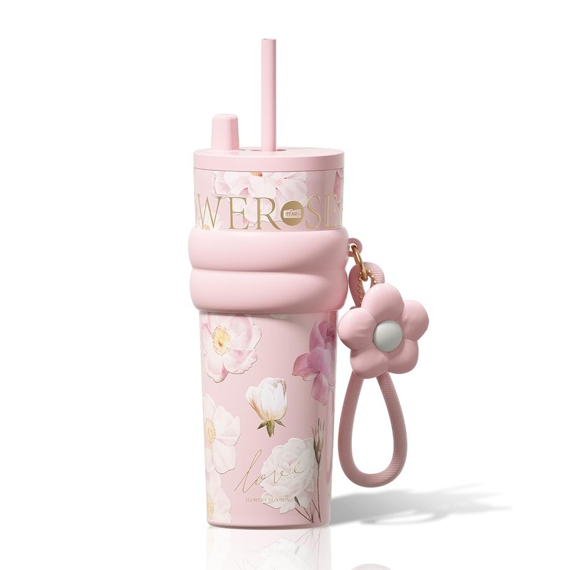 Sidagar 24 oz Insulated Tumbler witn Lid and Straw, Stainless Steel Reusable Leak Proof Water Bottle with Strap, Travel Portable Iced Coffee Mug for Hot and Cold, Thermal Cup for Women, Floral Pink