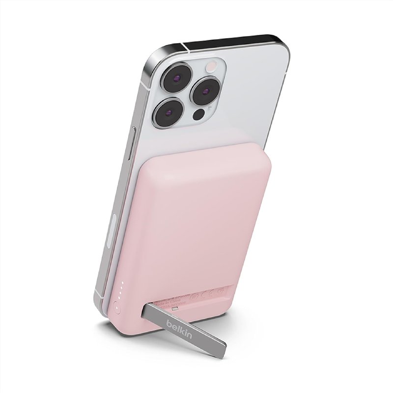 Belkin 5000 mAh Magnetic Wireless Power Bank, Portable Charger Compatible with MagSafe with Pass-thru Charging, 7.5W Output, 10W Input and Kickstand, Compatible with iPhone 16, 15, 14 Series – Pink