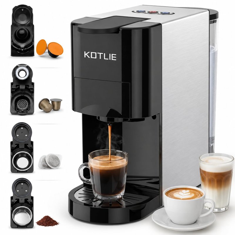 4 in 1 Pod Coffee Machines Compatible with Nespresso Original, Dolce Gusto, Ground Coffee and ESE Coffee Pods, 19 Bar Automatic Espresso Coffee Capsule Machine for Home Kitchen Office, Classic