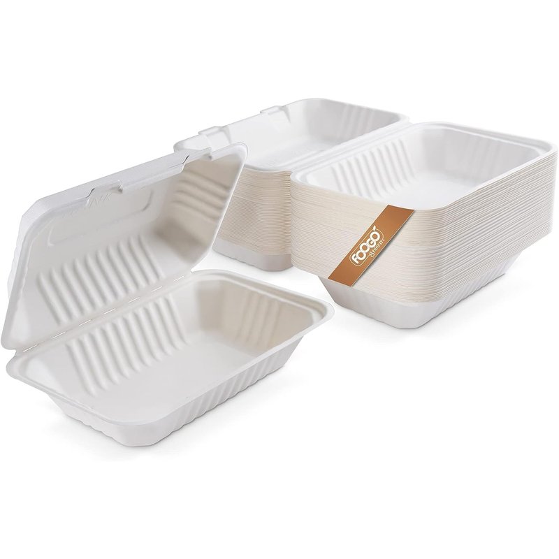 FOOGO Green 100pcs Eco-Friendly Clamshell Takeaway Boxes, 9x6 inch, 32oz / 900ml, Made from Natural Sugarcane Pulp, Disposable Food Container, Home Compostable Biodegradable, Sugarcane Bagasse