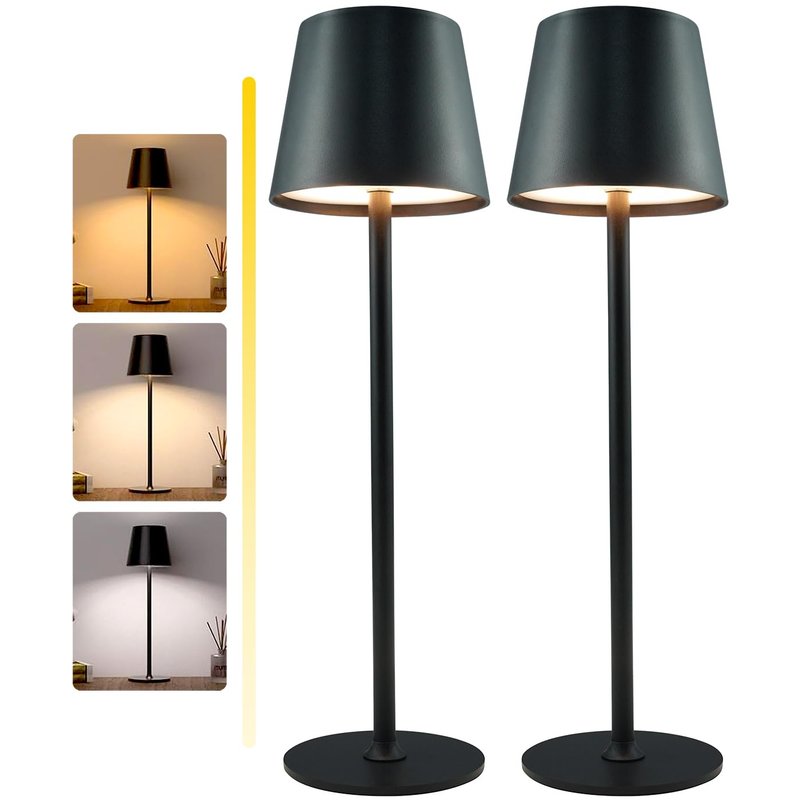 Aiandcc Rechargeable Lamps Full Metal Set of 2, Rechargeable Table Lamps UK with 3 Color Modes, 5200mAh Battery Operated Lamp, Touch Control Wireless Lamp Indoor and Outdoor IP54 Waterproof (Black)