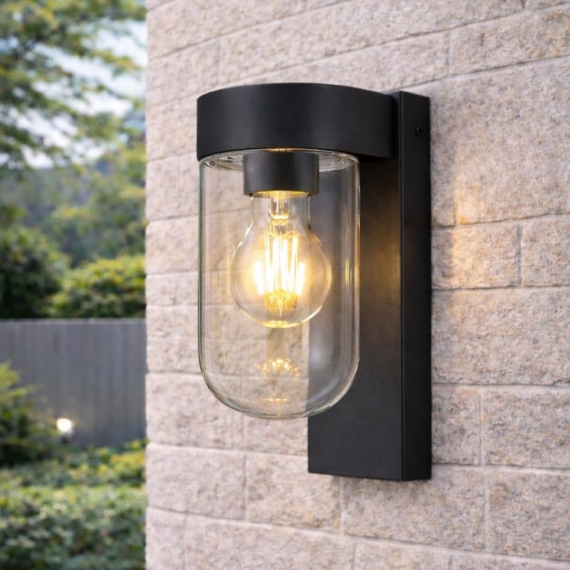 CGC Lighting Outdoor Outside Wall Light Black Modern, E27 Bulb, Mains Powered, Garden, Porch, Patio (Black with Glass Diffuser)