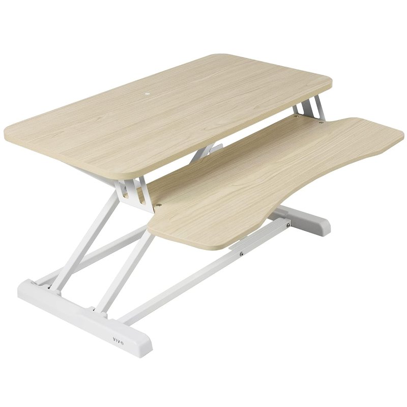 VIVO 81cm Desk Converter, K Series, Height Adjustable Sit to Stand Riser, Dual Monitor and Laptop Workstation with Wide Keyboard Tray, Light Wood Top, White Frame, DESK-V000KF