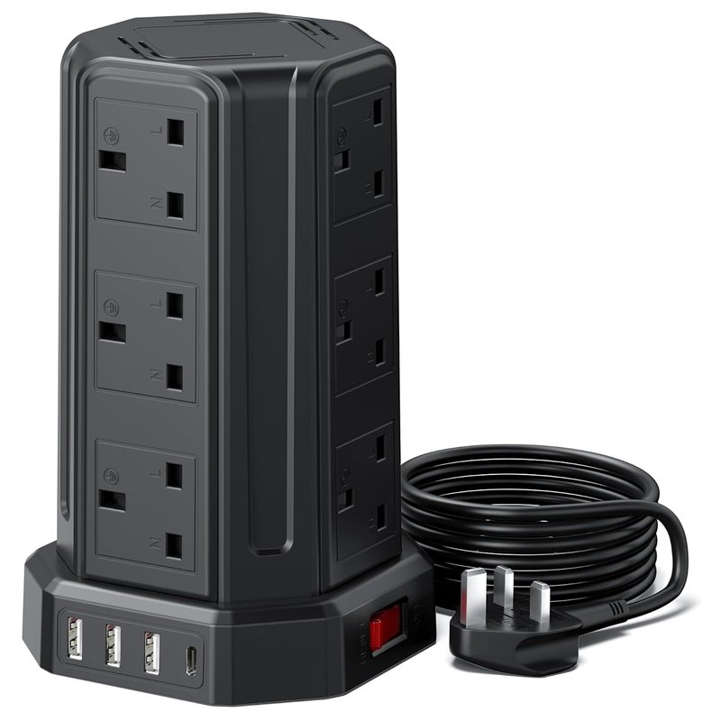 Tower Extension Lead 3M, [13A 3250W] 12 Way Tower Extension Lead Multi Plug Extension Sockets with 4 USB Slots, Surge Protector Extension Cable 3M for Home, Office, Kitchen