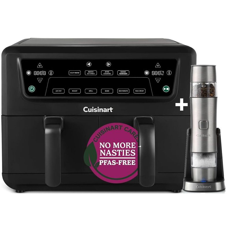 Cuisinart XXL10.4L Air Fryer with 2 x 5.2L Drawers +Mill |PFAS Free|Chemical-free cooking | Air Fry, Roast, Grill, Bake, Dehydrate, Max Crisp, Keep Warm | Dual Zones - cook 8+ portions|Dishwasher Safe