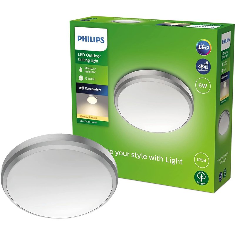 Philips LED Doris Outdoor Ceiling Light 6W [Warm White - Nickel] Water Resistant IP54, for Garden, Patio and Terrace Lighting.