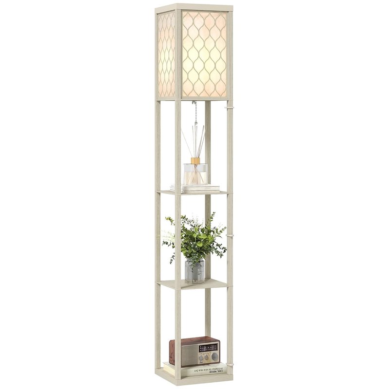 HOMCOM Floor Lamp with Shelves, Modern Tall Standing Lamps with Fabric Lampshade, Chain Switch and Single Light for Living Room, Bedroom, Bulb not Included, Oak