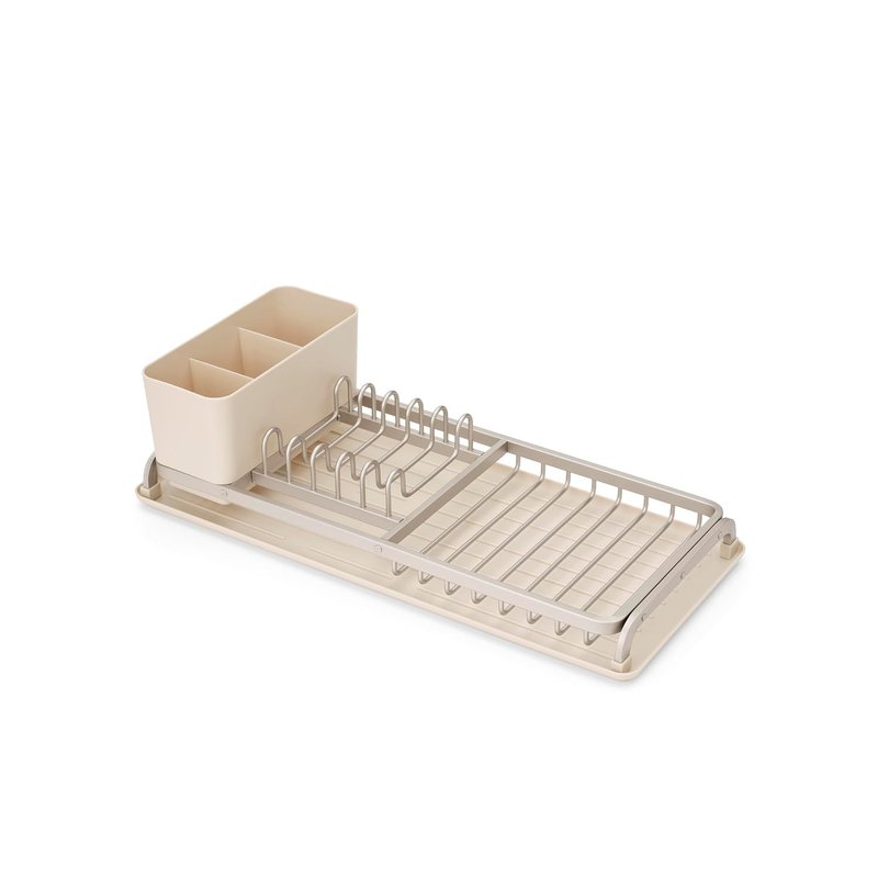 Brabantia SinkSide Compact Dish Drying Rack (Soft Beige), Space-Saving Organiser with Removable Cutlery Basket, Versatile Sink Drainer for Dishes and Kitchen Accessories