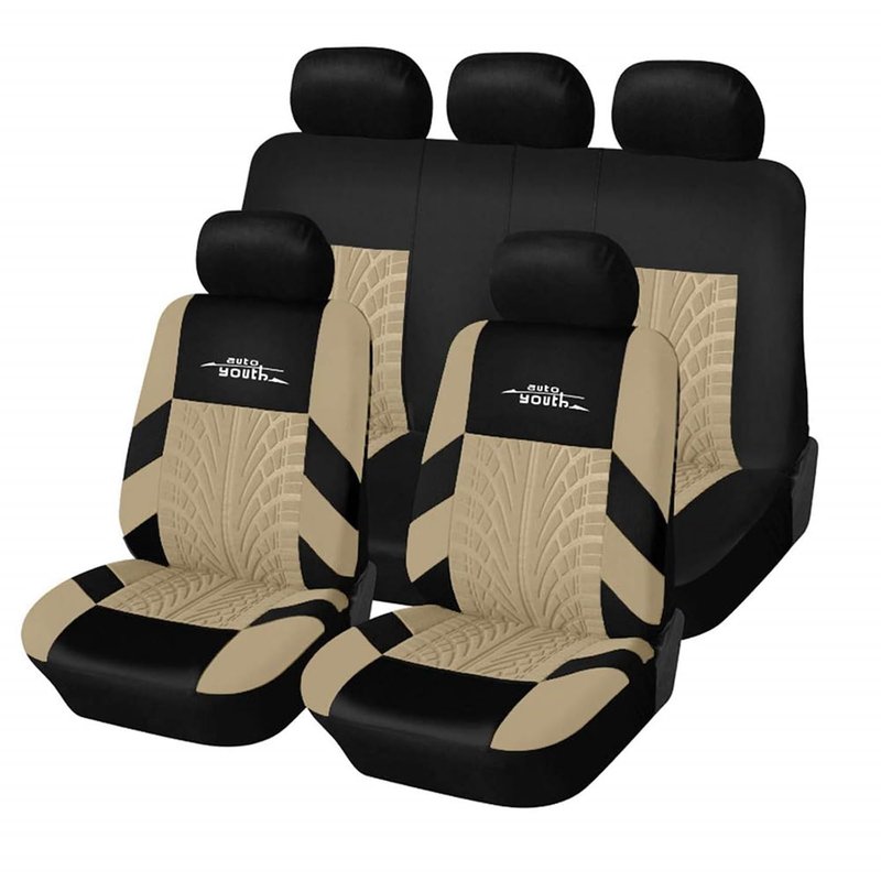 AUTOYOUTH Car Seat Covers Universal Fit Full Set Car Seat Protectors Tire Tracks Car Seat Accessories - 9PCS, Beige