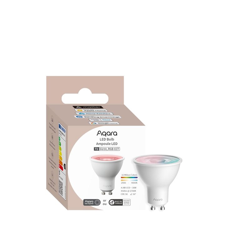 Aqara Thread/Zigbee Smart LED Light Bulb T2 GU10, Tunable White (2000K-9000K), RGB Color Changing Light Bulb with 16 Million Colors, 30W Equivalent, Matter, Works with HomeKit, Alexa, Google