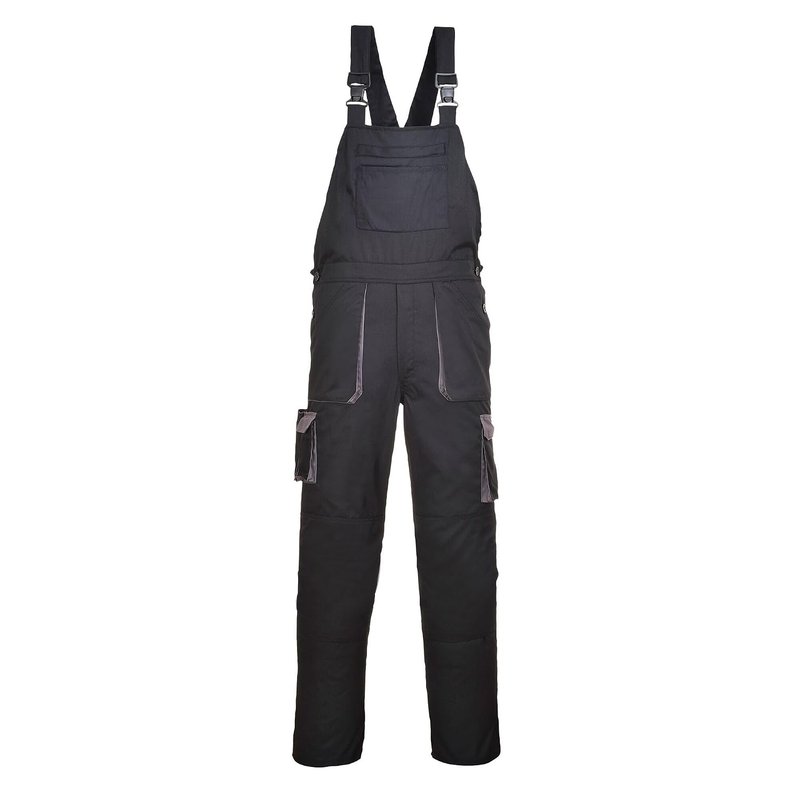 Portwest TX12 Texo Contrast Bib and Brace Work Overalls Mens Workwear 10 Pockets UPF 40+ Sun Protection Elasticated Waist Knee Pad Pockets, Regular, Black, XL