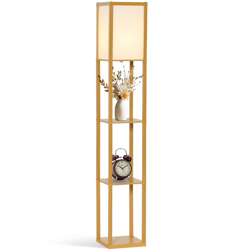 HOMCOM 3-Tier Floor Lamp with Shelves and Storage, Modern Corner Standing Lamp with Lampshade, Reading Light with Foot Switch for Living Room, Bedroom, Home Office, Bulb not Included, Natural
