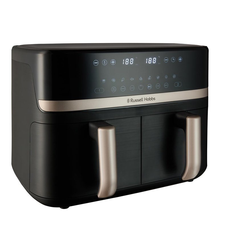Russell Hobbs Dual Air Fryer 9L Rapid Airfryer [Dual Basket/Zone, Low-Noise, 9 Programs] satisfry (Dishwasher safe drawers, Max 200℃, Oil Free Cooking, Roast, Bake, Grill, Keep warm) 27680