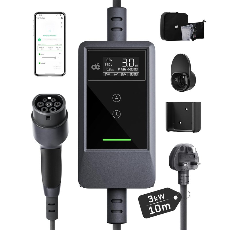 dé EV Charger 3 Pin Plug 10m with App, 3kW 6-13A Granny Charger with IP66 & Type A RCD Protection, Adjustable 3 Pin EV Charger, Electric Car Charger for Model Y/3, Q4, Enyaq and other Type 2 EVs/PHEVs