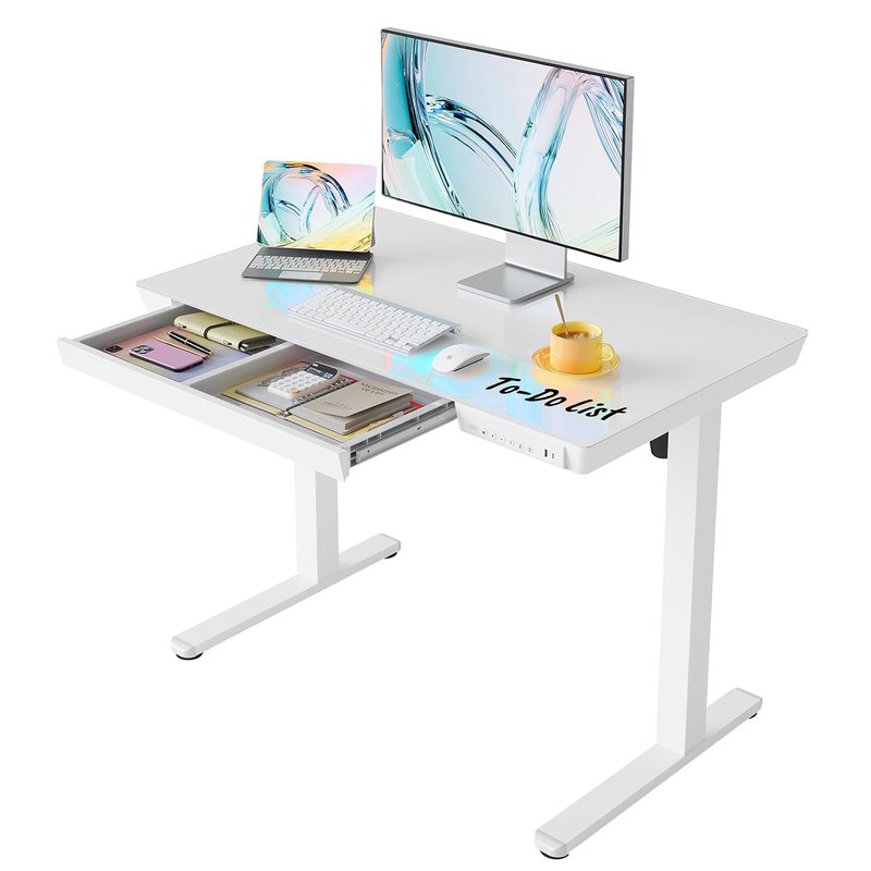 HUANUO ONE PIECE Electric Standing Desk, Height Adjustable Desk with Drawer, 100 x 60cm, Sit Stand Desk with Glass top, USB Charging Ports & 3 Memory Height Settings, Warm White, Home Office