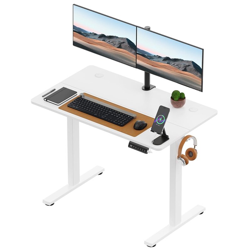 VonHaus Electric Standing Desk, USB-C Charging Height Adjustable Sit Stand Desk with Anti-Collision, Height Preset Technology & Cable Management, White Two Piece Desktop & Steel Frame, 100x60cm