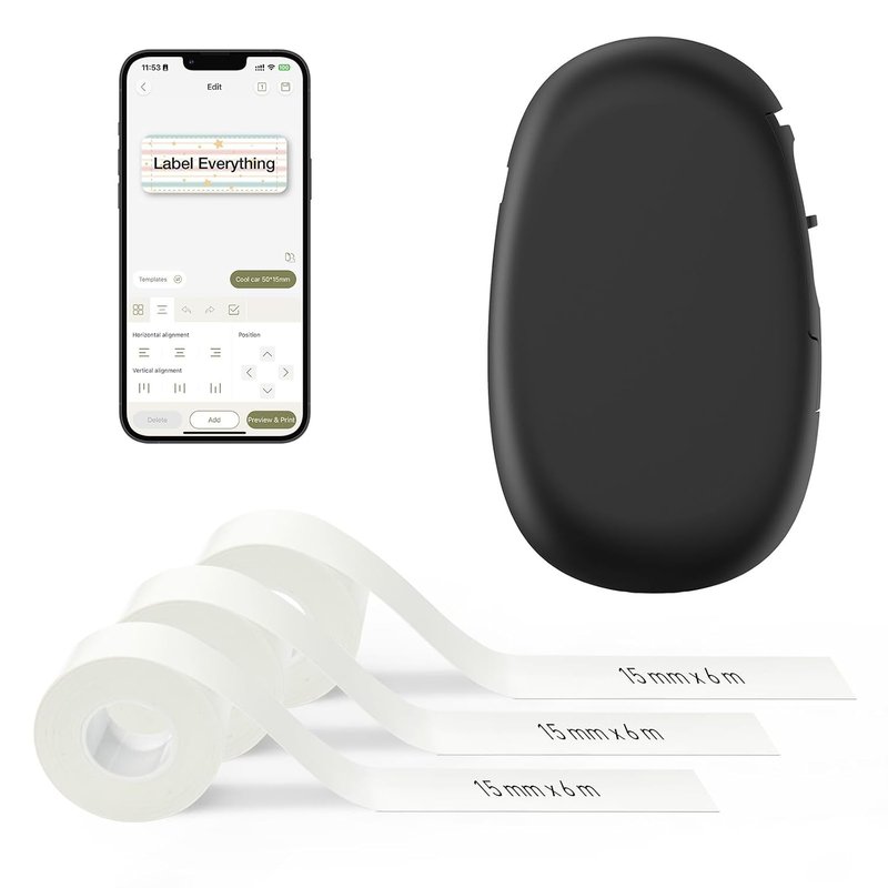 SUPVAN E10 Mini Bluetooth Label Maker Machine with 3 Tapes, Waterproof Label, Versatile App with 30+ Fonts and 660+ Icons, Inkless Labeler for Home, Kitchen, School, Office Organization, Black
