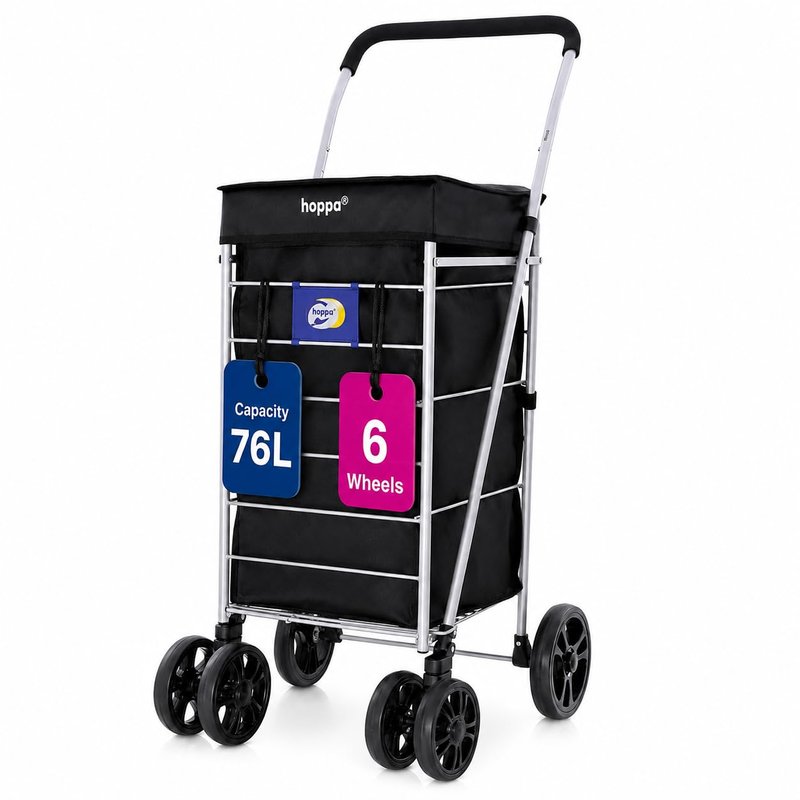 Hoppa Shopping Trolley on Wheels 76L Foldable | Compact Grocery Cart 6 Wheel Design for Stairs & Pavements | Lightweight Foldable Utility Cart for Laundry Storage Home Use | Heavy Duty Collapsible