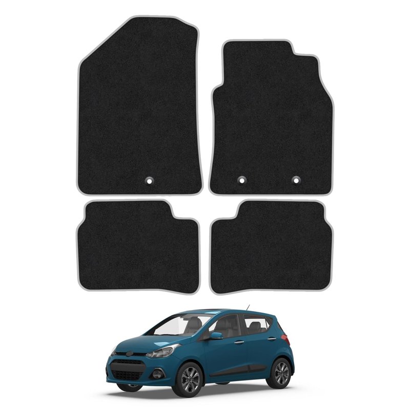Hyundai i10 (2014-2020) Car Mats Accessories Tailored Fit Carpet Floor Mats Non Slip Grey Trim Accessory Compatible Front Rear Set Anti Slip Full Coverage Granulated Backing Hand-Finished Clips