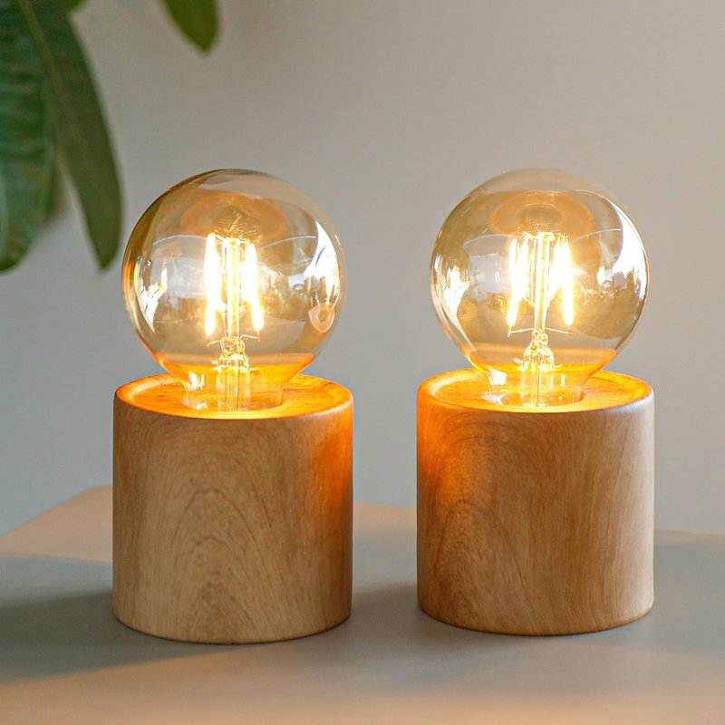JHY DESIGN Set of 2 Wood Grain Table Lamp 16.5cm Tall Ceramic Cordless Light with Edisonstyle Bulb and 6 Hours Timer Battery Operated Lantern Great for Living Room Weddings Parties Indoors Outdoors