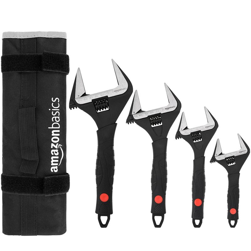 Amazon Basics 4-Piece Plumbing Adjustable Wrench with Soft Grip, Wide Mouth, Includes 6-Inch (150 mm), 8-Inch (200 mm), 10-Inch (250 mm), 12-Inch (300 mm), 4 Sizes Bundle, 30.48 x 10.79 x 2.36 cm