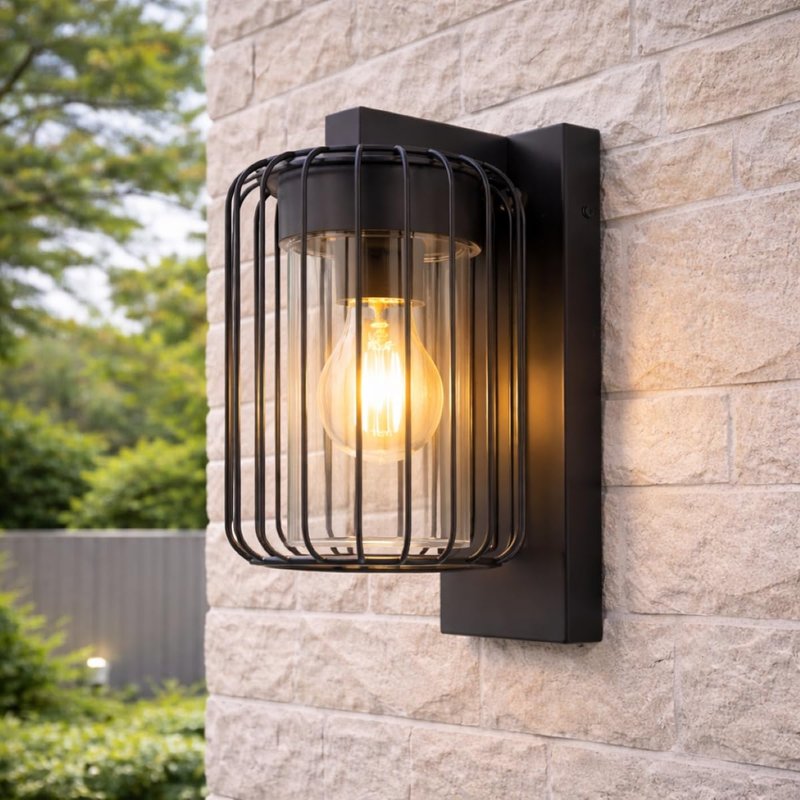 CGC Lighting Outdoor Outside Wall Light Black Modern, E27 Bulb, Mains Powered, Garden, Porch, Patio (Black Cage)