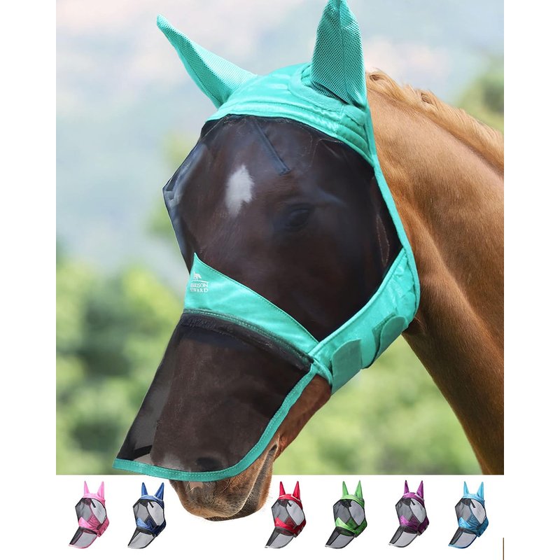 Harrison Howard CareMaster Pro Luminous Horse Fly Mask Large Eye Space Long Nose with Ears UV Protection for Horse Summer Mint M Cob