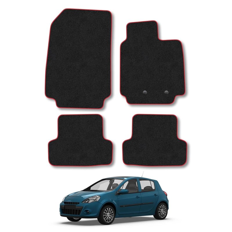 Car Mats Compatible with Renault Clio (2006-2013) Red Trim Carpet Tailored Fit Car Floor Mats Set Accessory Custom Fit Water-Resistant Anti Slip Backing All Weather Full Coverage With Clips