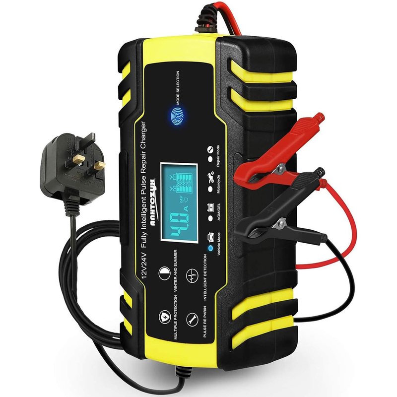 HAUSPROFI 12V/24V 8Amp Automatic Battery Charger with 3-Stage Charging, 6 Modes, LCD Screen, Intelligent Charging, Repairs, Maintains Car, Motorcycle, Boat, Mower Battery