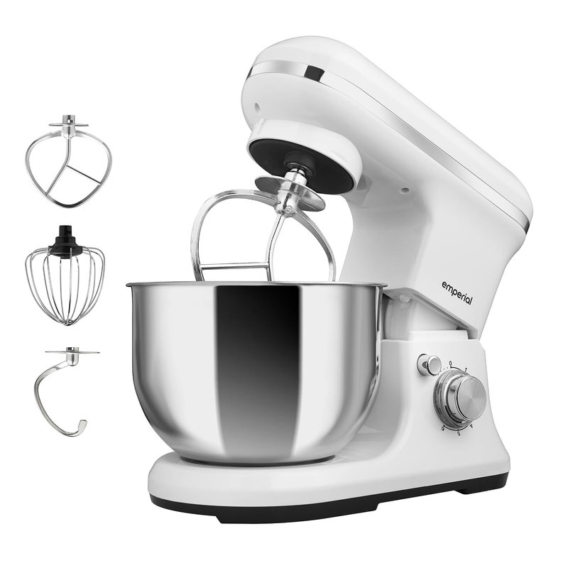 Emperial Stand Mixer | 1200W Food Mixer for Baking with Beater, Dough Hook & Whisk | 5L Stainless Steel Bowl | 6 Speed Electric Kitchen Mixer with Removable Splash Guard (White)