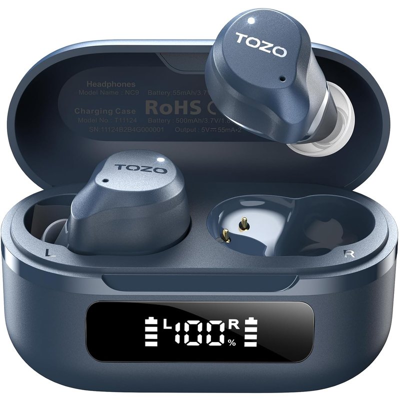 TOZO NC9 Hybrid Active Noise Cancelling Earbuds for Travel Work Calls, 45dB ANC Wireless Earbuds, 6-Mic ENC for Clear Calls, Deep Bass 60H Playtime IPX8 Bluetooth 5.3 Ear Buds with App for Custom EQ