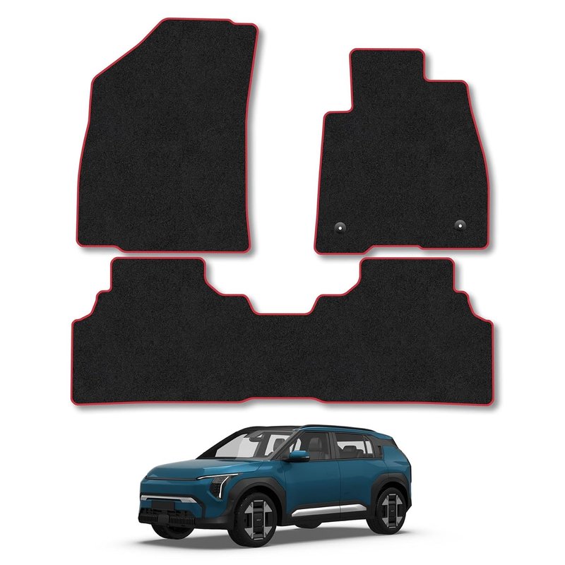 Kia [EV3] (2024+) Car Mats Accessories Tailored Fit Carpet Floor Mats Non Slip Red Trim Accessory Compatible Front Rear Set Anti Slip Backing Custom Fit Hand-Finished Full Coverage Clips
