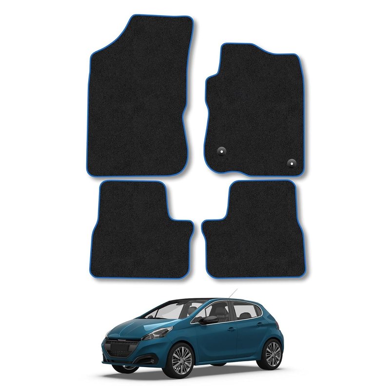 Peugeot 208 (2012-2020) Car Mats Accessories Tailored Fit Carpet Floor Mats Non Slip Blue Trim Full Coverage Compatible Accessory Granulated Backing Front Rear Set Anti Slip Hand-Finished Clips