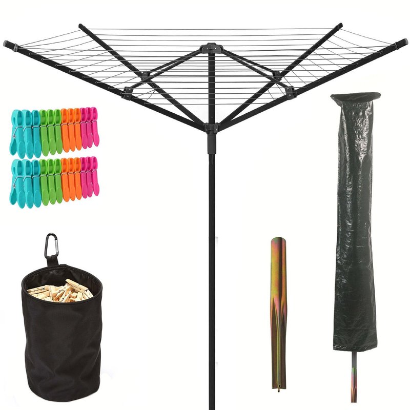 Livhome 50m Black Rotary Airer Clothes Line With 4 Arms For Laundry Drying Washing Outdoors Garden | Heavy Duty | Washing Line With Free Ground Spike, 24pcs Clothes Pegs, Cover and Pegs Bag