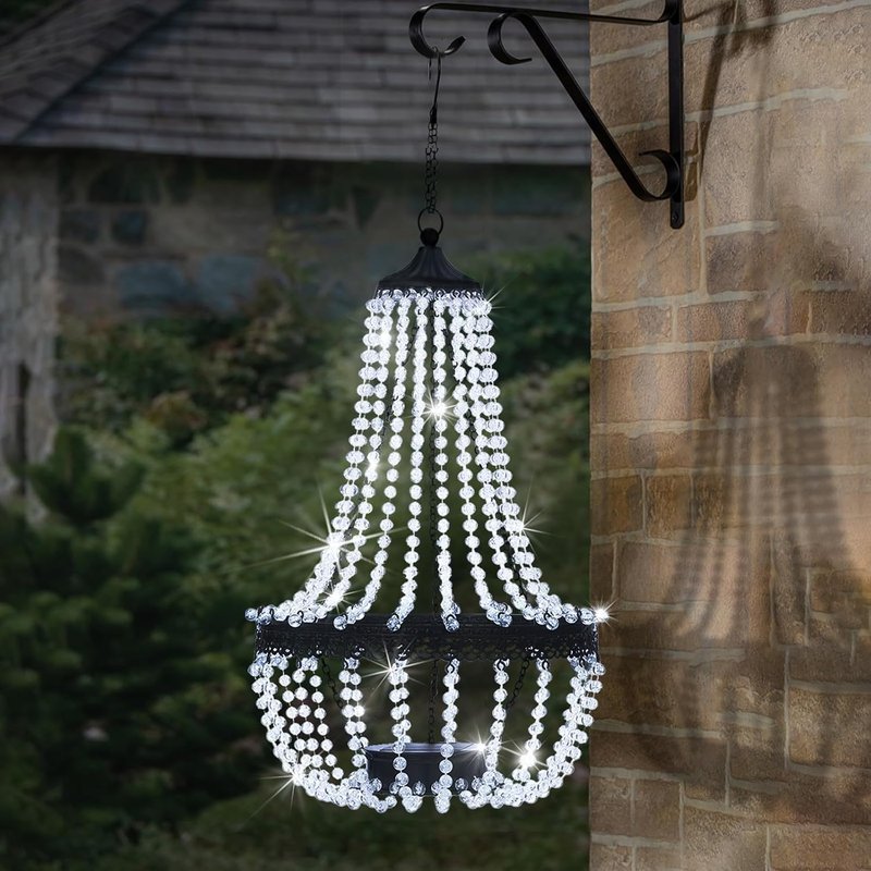 LIVHOME 28" Solar Crystal Chandelier Light Outdoor Hanging Lantern LED Garden Pendant Waterproof Patio Gazebo Tree Decor Cool & Warm White Lights (Cool White)