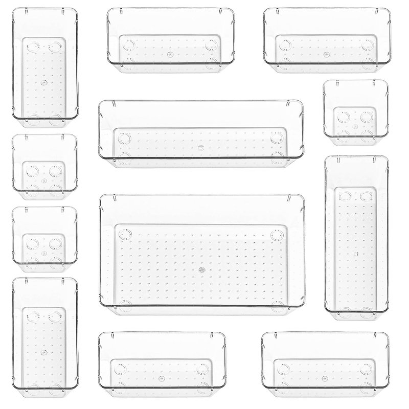 Stackzy Drawer Organiser Set – Makeup Organiser Tray for Drawers – Clear Cosmetics Container Tray for Bedroom – Utensil Cutlery Set Divider – Kitchen Storage & Organisation – 12pack