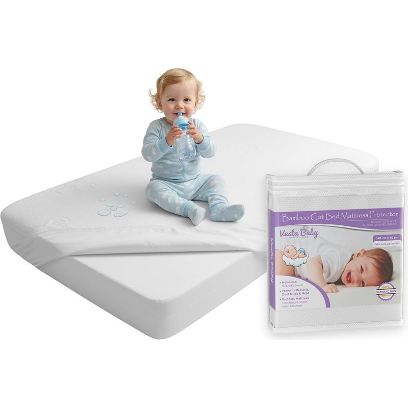 Vesta Baby Premium Cot Bed Mattress Protector 70 x 140 cm Noiseless Waterproof Pad Cover Fitted Sheet Natural Bamboo Silent Topper for Toddler Children Cotbed