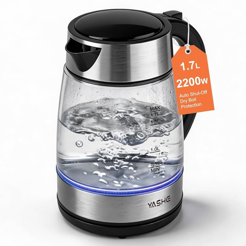 YASHE Electric Glass Kettle 1.7L, 2200W Fast Boil Kettle with Blue LED Light, Automatic Shut-Off and Boil-Dry Protection Filter Button to Open lid Clear Glass Cordless Design