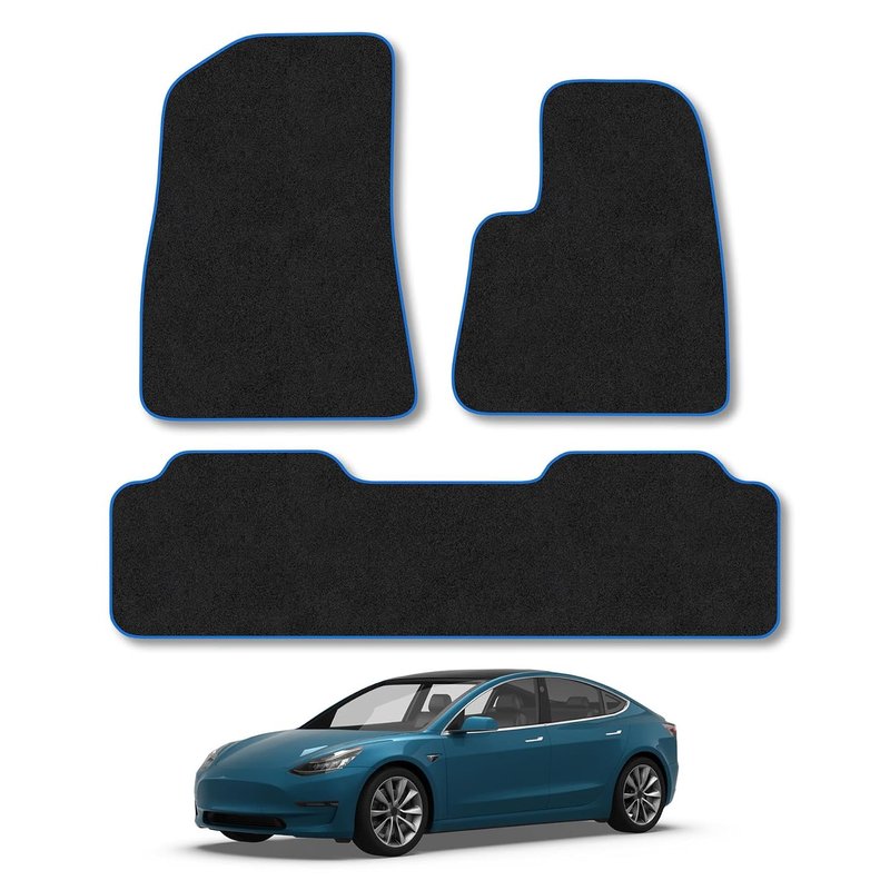 Tesla Model 3 (2017+) Car Mats Accessories Tailored Fit Carpet Floor Mats Non Slip Blue Trim Full Coverage Compatible Accessory Granulated Backing Front Rear Set Anti Slip Hand-Finished