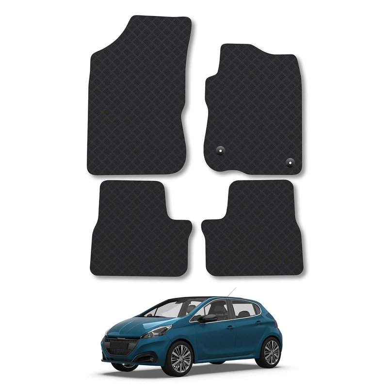 Peugeot 208 (2012-2020) Rubber Car Mats Accessories Tailored Fit Compatible Accessory Waterproof Protection Non-Slip Floor Mats Full Coverage Durable Front Rear Set Coverage with Clips
