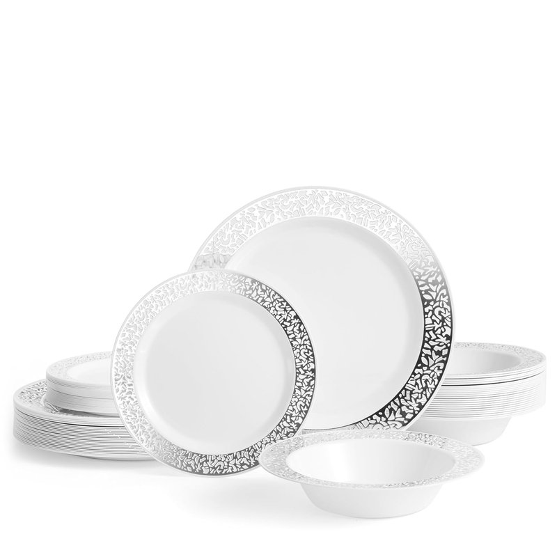 MATANA 75 Pcs White Plastic Tableware Set with Silver Lace Border - 25 Dinner Plates, 25 Side Plates, 25 Bowls - Elegant & Reusable Dinnerware for Parties, Wedding, Birthday, Picnic