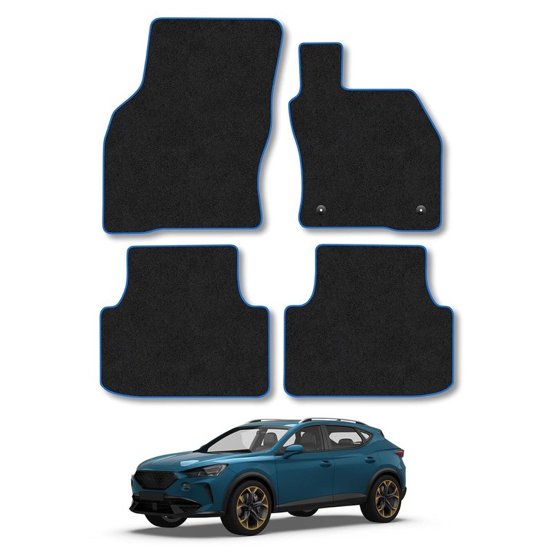 Cupra Formentor (2020+) Car Mats Accessories Tailored Fit Carpet Floor Mats Non Slip Blue Trim Full Coverage Compatible Accessory Granulated Backing Front Rear Set Anti Slip Hand-Finished Clips