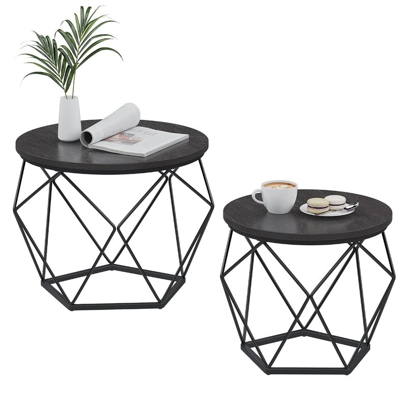 VASAGLE Round Coffee Table, Set of 2, Side Table, Sofa End Table, Modern Style, Removable Top, Steel Frame, for Living Room, Black LET040B22