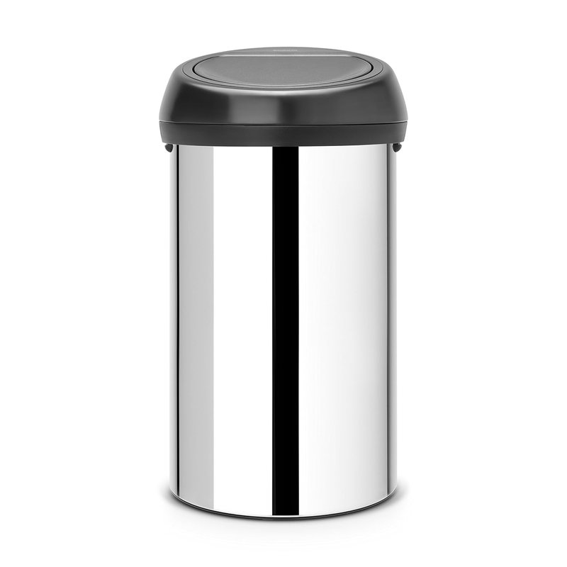 Brabantia 60 Litre Large Kitchen Touch Bin (Brilliant Steel/Matt Black Lid) Removable Lid, Soft-Touch Open, Easy Clean Rubbish Food Waste Bin