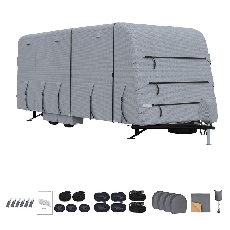 Travel Trailer Cover, 4 Layers Heavy Duty Motorhome Cover 22-24 FT Caravan Cover, Windproof & Waterproof & Anti-UV, for Trailer RV