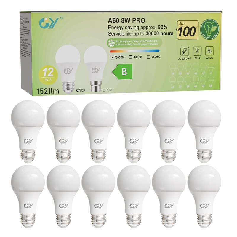 GY E27 Screw LED Bulb Warm White 3000K,A60 8W 1521LM Edison Screw ES Energy Efficiency Bulb, Replaces 100W, Non-dimmable, 12 PCS