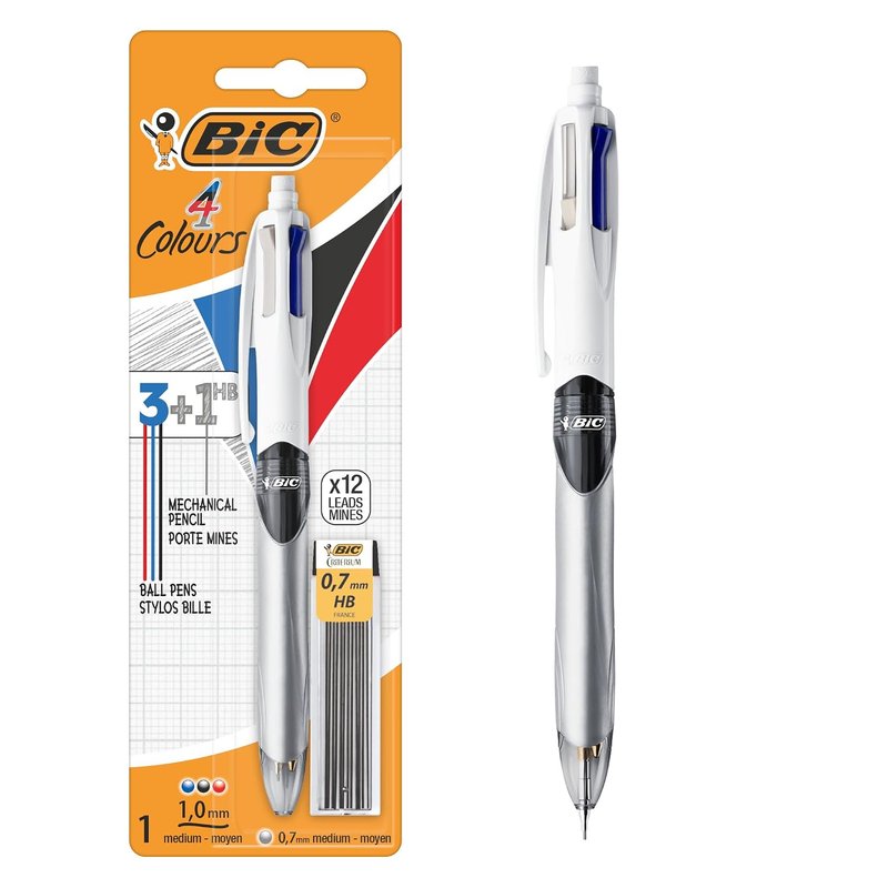 BIC 4 Colours Pen and Pencil Combo - Multicolour Retractable Ballpoint Pens and HB Pencil (12 x 0.7mm Leads)