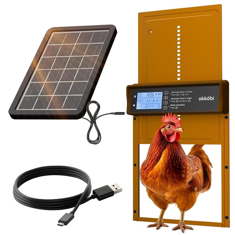 Okkobi Automatic Chicken Coop Door Solar Powered - Chicken Coop Door with Remote Control, Timer & Light Sensor - LCD Display - Security & Peace of Mind: Anti-Pinch function - 5-Year Protection