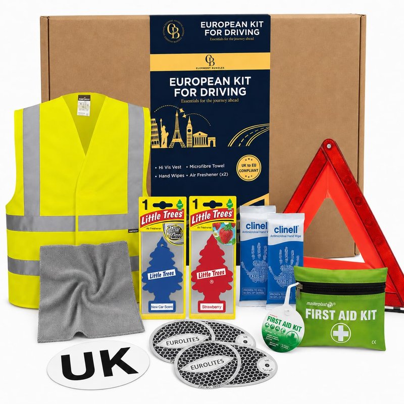 European Driving Kit, Car Kit Essentials 2026 For Europe - 10 Piece Kit, Warning Triangles for Cars, UK Magnet Sticker, Headlight Deflectors + More. European Driving Kit 2026, EU Driving Kit