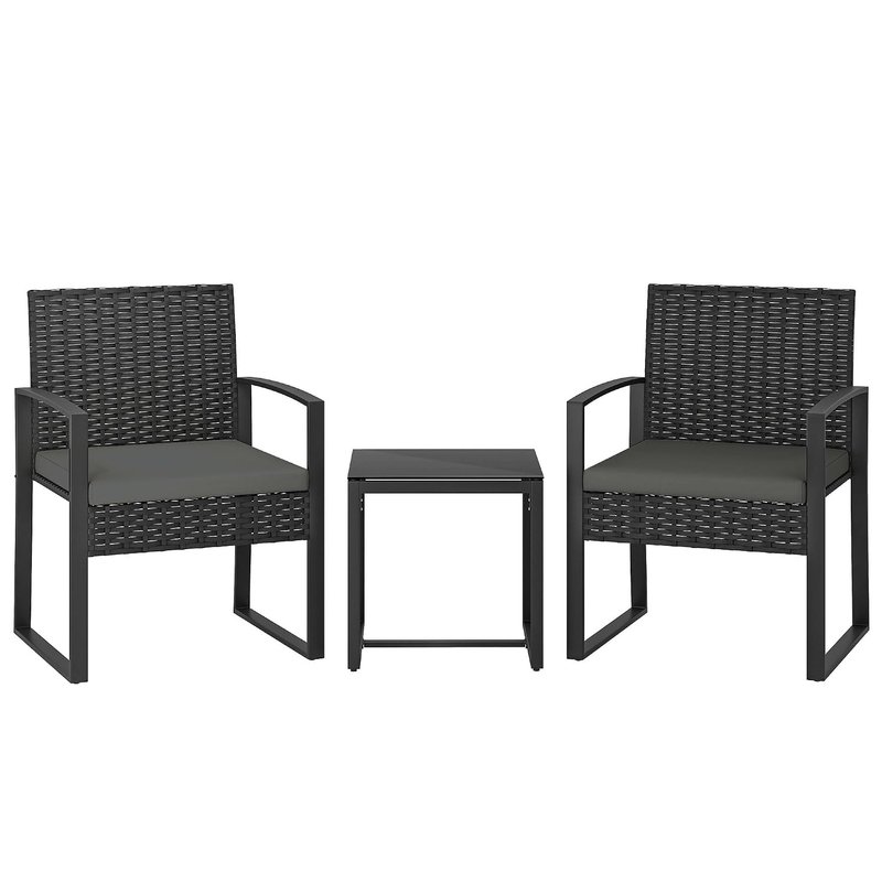 Outsunny 3 Piece Rattan Bistro Set, PE Wicker Garden Furniture Conversation Set, Tempered Glass Bistro Table and Chairs with Cushions for Patio, Balcony, Porch, Dark Grey